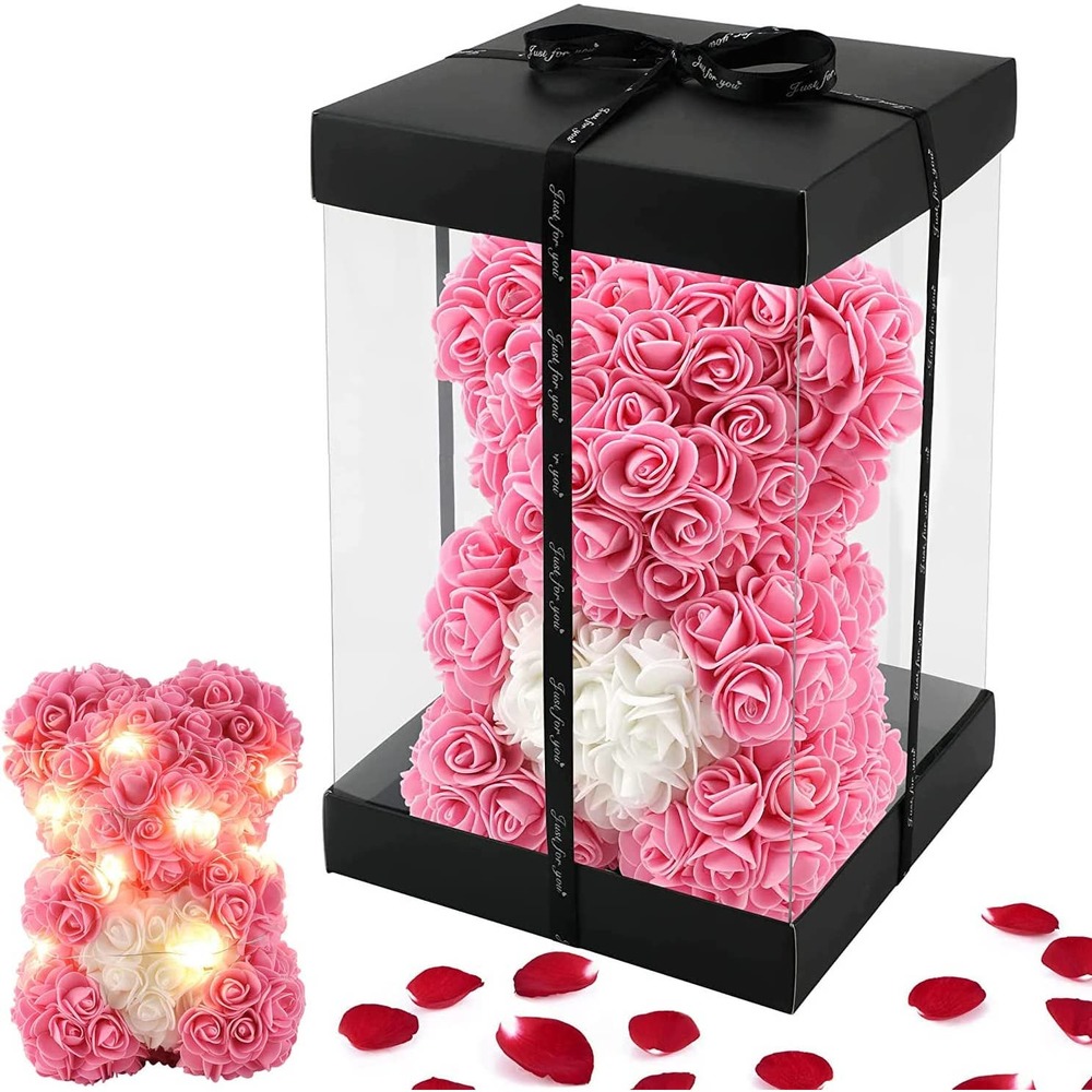 Handmade artificial rose bear pink with lights